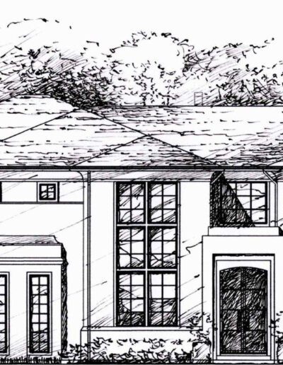 Black and white sketch of a two-story residential house with prominent windows, a chimney, and surrounding trees.