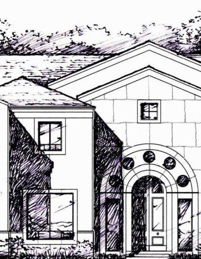 Architectural black and white sketch of a symmetrical two-story house with a central arched entryway.