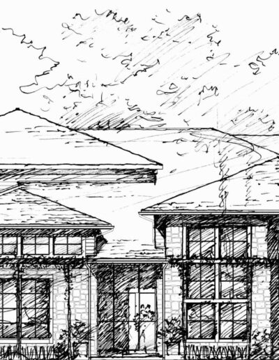 Architectural sketch of a two-story residential house with detailed windows and a chimney, surrounded by trees.